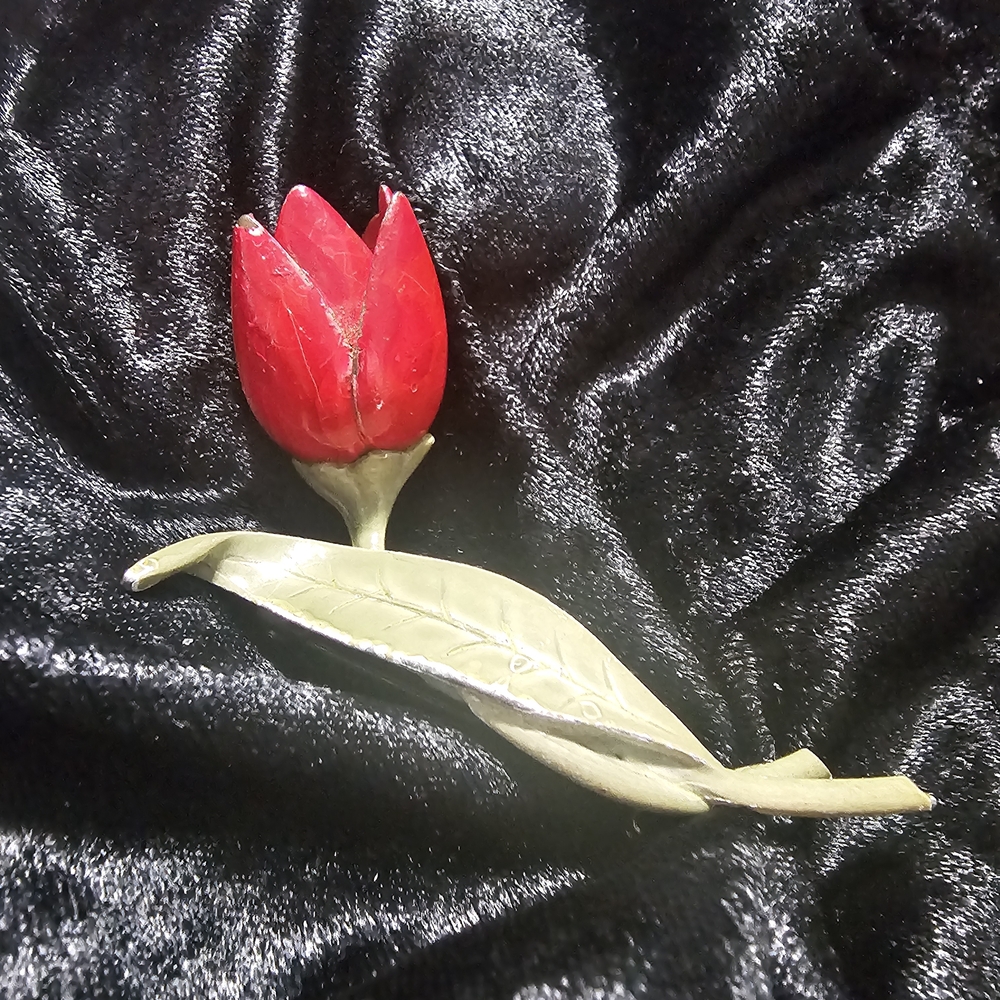 Red Tulip Brooch with Green Leaves